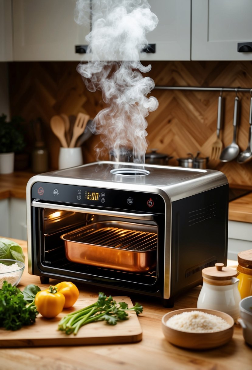 A steaming electric roaster oven surrounded by various ingredients and utensils on a kitchen counter