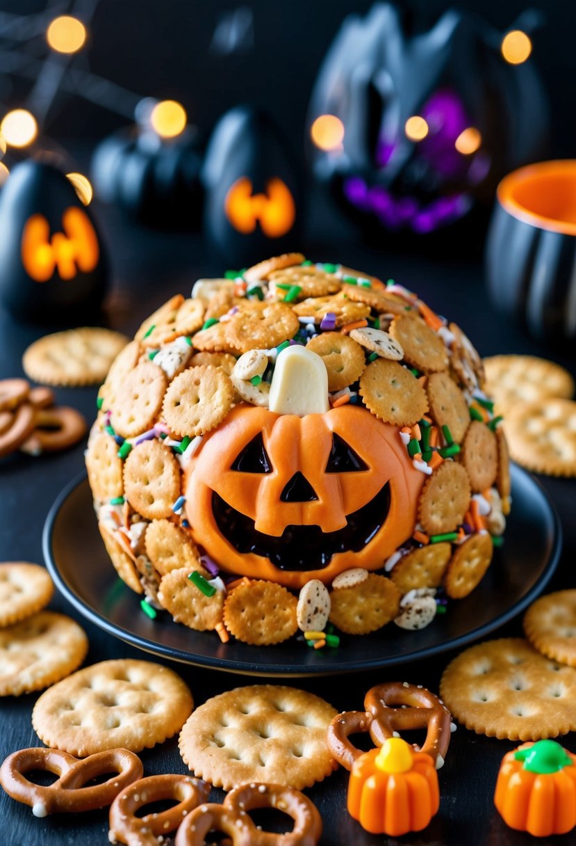 A festive Halloween cheeseball surrounded by crackers, pretzels, and spooky decorations