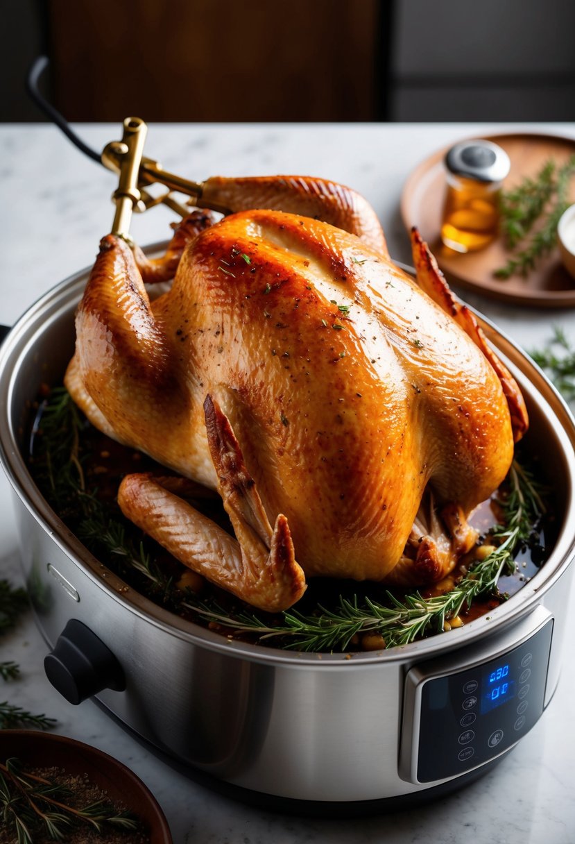 A golden-brown turkey roasting in a sleek electric roaster oven, surrounded by aromatic herbs and spices