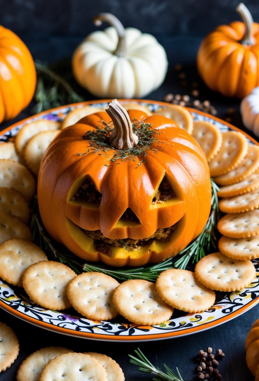 A pumpkin-shaped cheese ball surrounded by crackers and garnished with herbs and spices on a festive Halloween-themed serving platter