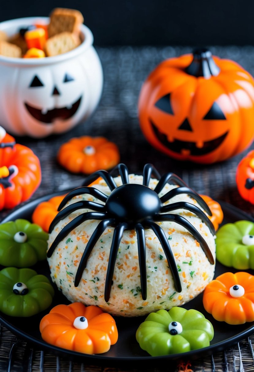 A spider-shaped cheese ball surrounded by Halloween-themed snacks and decorations