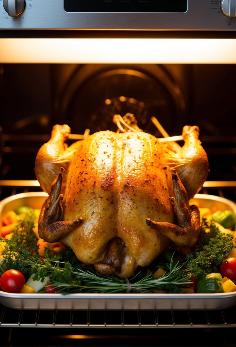 A golden-brown whole chicken surrounded by fresh herbs and vegetables, roasting in an electric oven