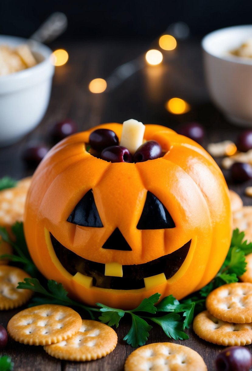 A festive Halloween cheese ball shaped like a Jack-O'-Lantern, surrounded by crackers and garnished with parsley and olives