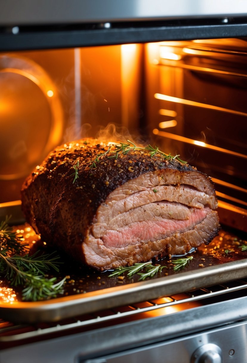 A beef brisket sizzling in a roaster oven, surrounded by aromatic herbs and spices