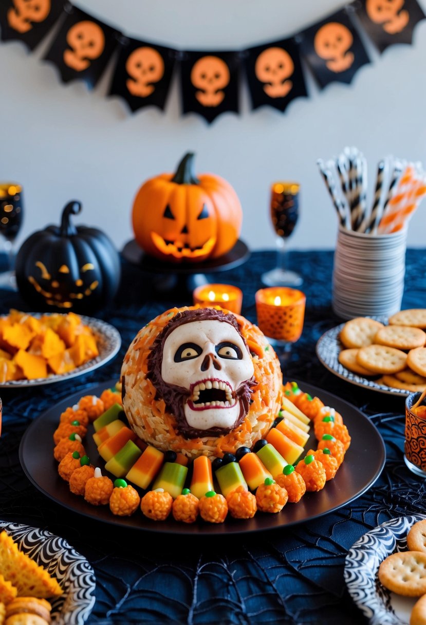 A spooky Halloween party table with a Flayed Man Cheese Ball centerpiece surrounded by other festive snacks and decorations