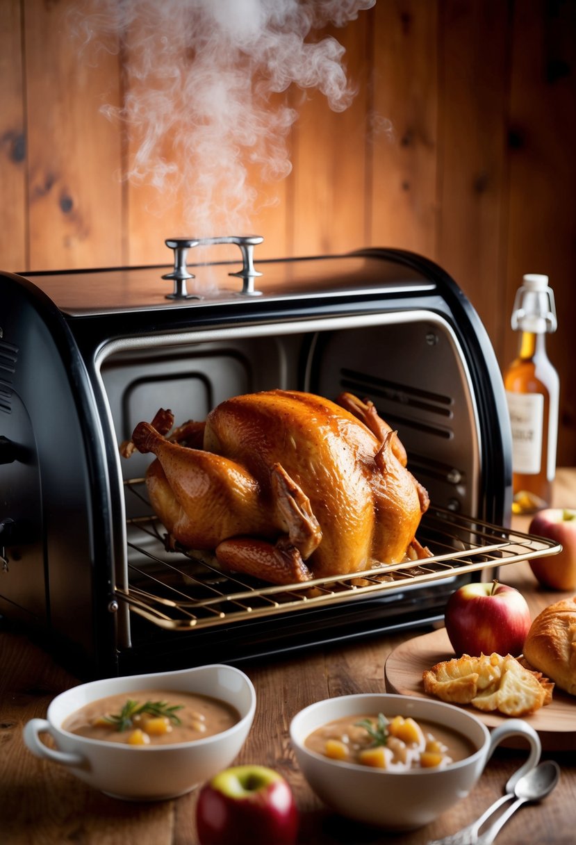 A steaming roaster oven filled with bubbling apple cider turkey gravy