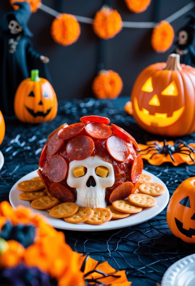 A festive Halloween party table displays a pepperoni and cheese skull-shaped cheese ball surrounded by spooky decorations