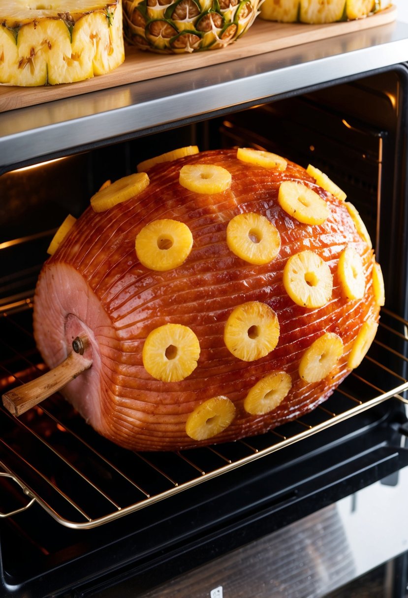 A whole baked ham with pineapple slices cooking in an electric roaster oven