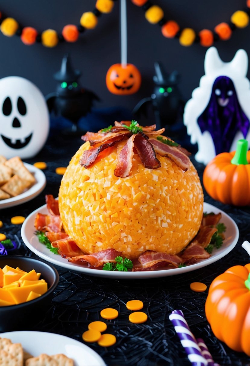 A festive Halloween cheese ball adorned with bacon and cheddar, surrounded by spooky decorations and party snacks