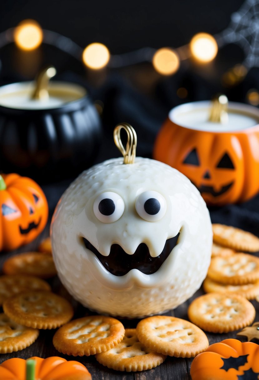 A spooky cheese ball with ghostly eyes and mouth, surrounded by crackers and Halloween decorations