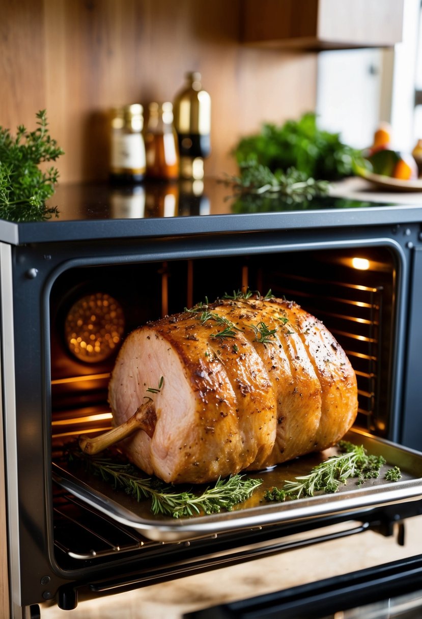 A succulent pork loin roasting in an electric oven, surrounded by aromatic herbs and spices