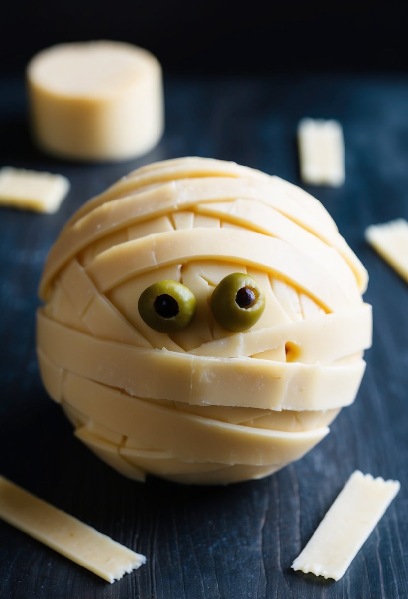 A spooky Halloween cheese ball in the shape of a mummy, with strips of cheese cloth and two olive eyes