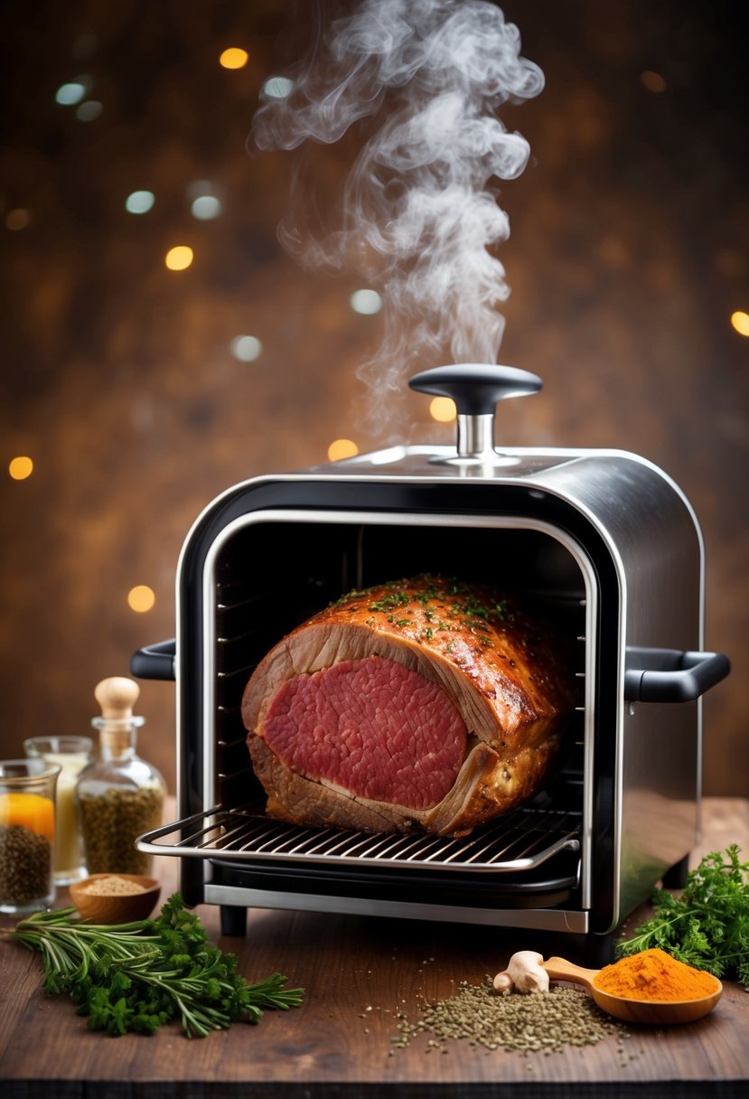 A steaming roaster oven filled with tender braised corned beef, surrounded by aromatic herbs and spices