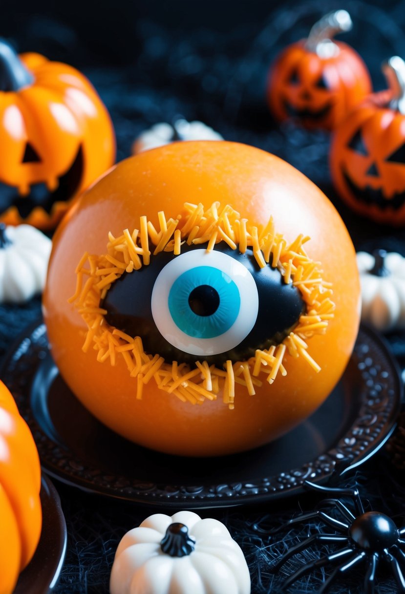 A monstrous eye-shaped cheese ball surrounded by spooky Halloween decorations