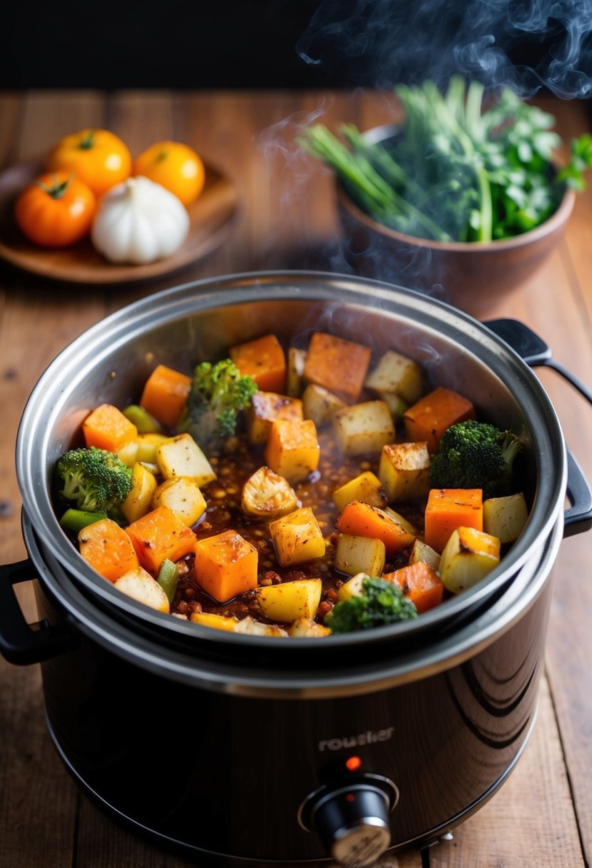 Assorted vegetables sizzling in an electric roaster, caramelizing and emitting a savory aroma