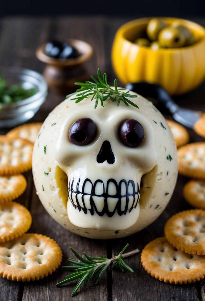 A spooky skeleton-shaped cheese ball surrounded by crackers and garnished with olives and herbs