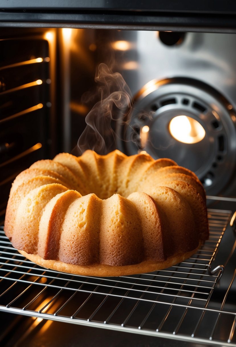 A golden almond pound cake sits on a wire rack inside a roaster oven, emitting a mouth-watering aroma