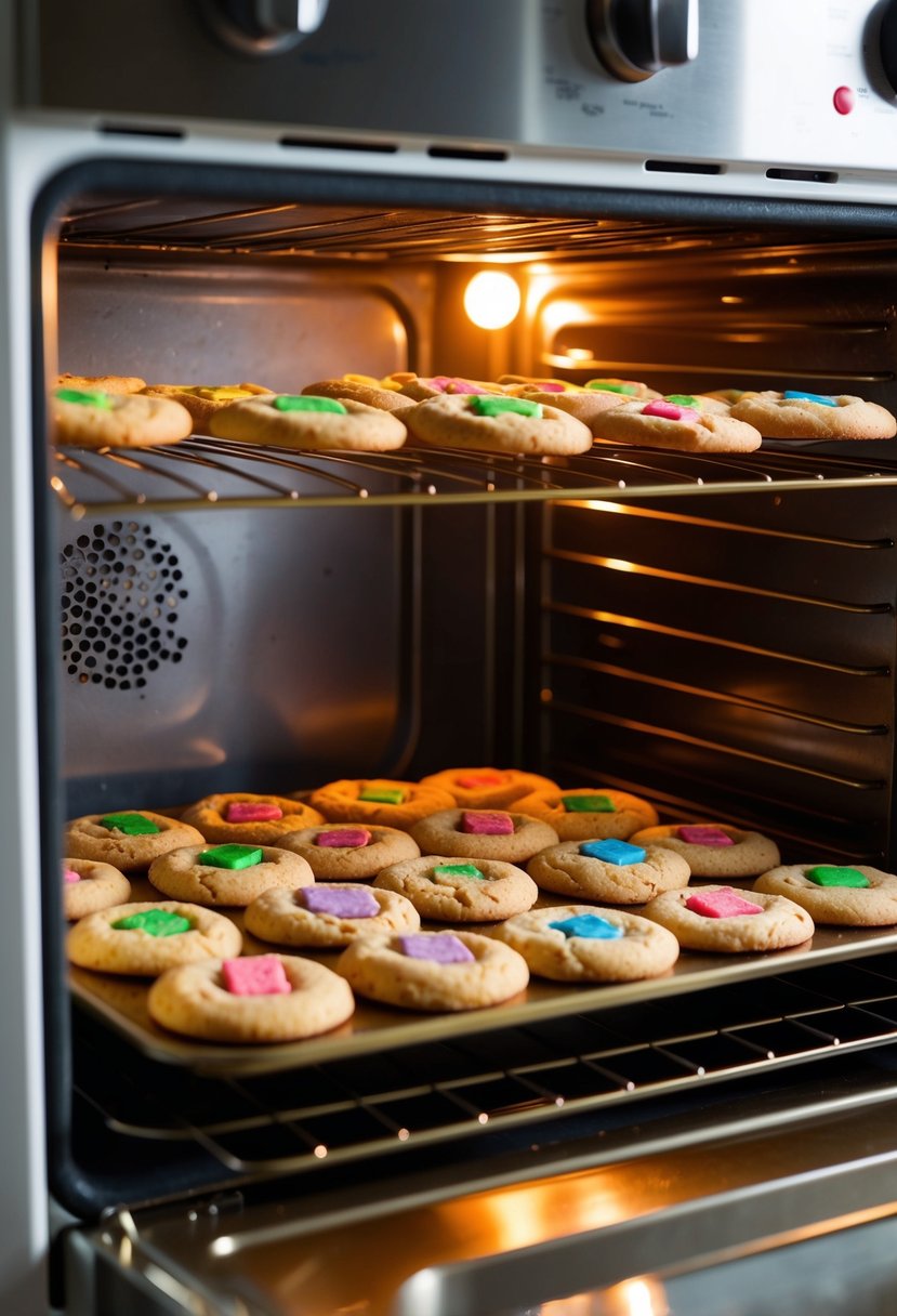 A batch of colorful Lucky Charms Cookies baking in an electric roaster oven