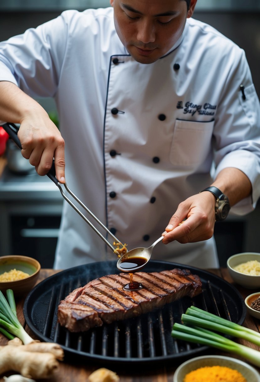 A chef grilling skirt steak with a soy marinade, surrounded by Asian spices and ingredients such as ginger, garlic, and green onions