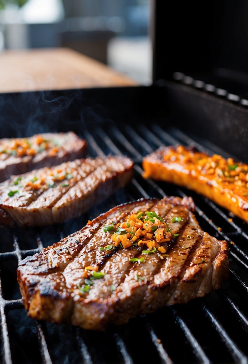 A sizzling skirt steak on a hot grill, marinated in Korean-style spices with a hint of char and caramelization