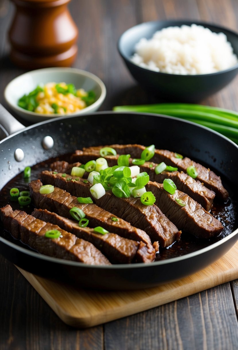 A sizzling skillet of Mongolian beef skirt steak, garnished with fresh green onions and served with a side of steamed rice