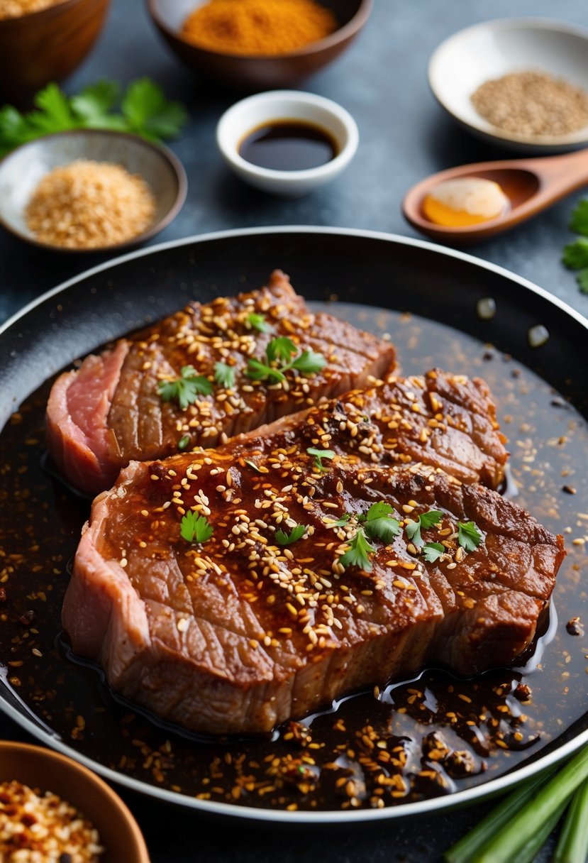 A sizzling skirt steak marinating in a blend of five spice, honey, and soy sauce, surrounded by Asian-inspired ingredients and spices