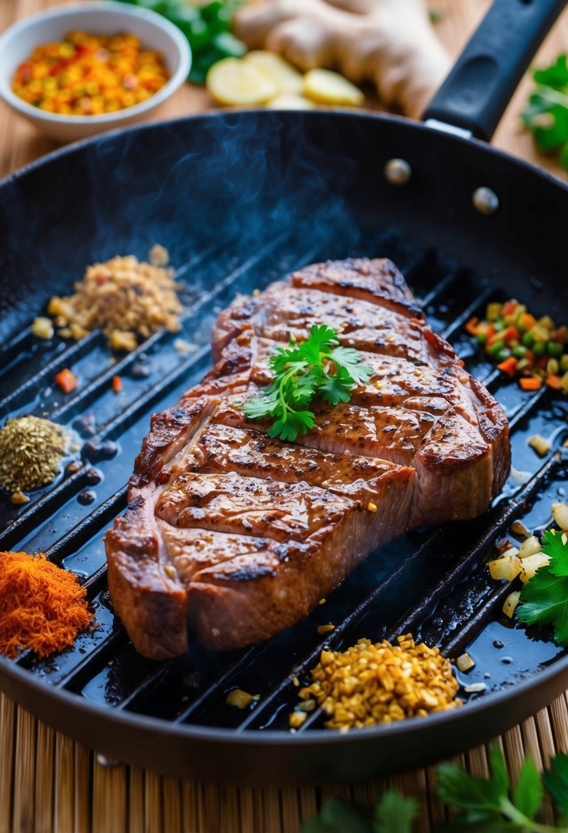 A sizzling skirt steak sizzling on a hot grill, surrounded by vibrant, aromatic Asian spices and ginger