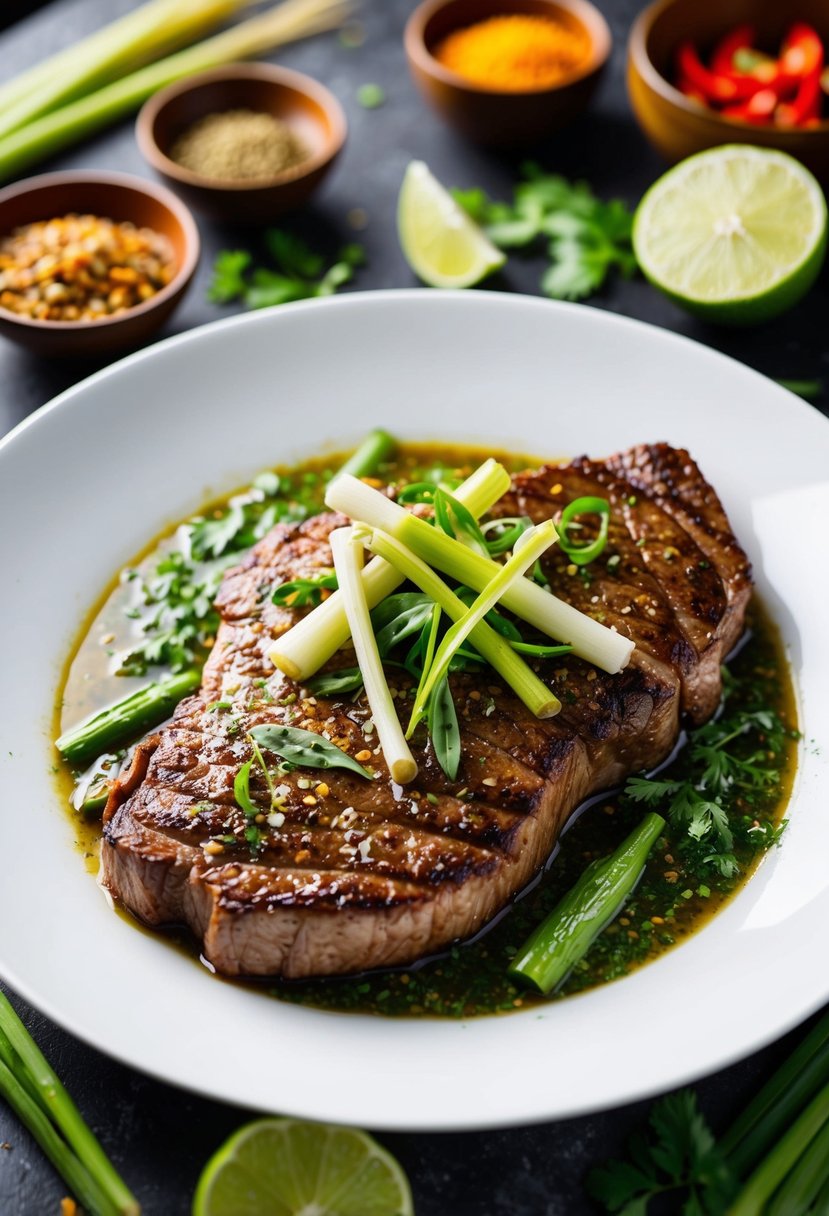 A sizzling skirt steak marinating in a zesty blend of lemongrass and lime, surrounded by vibrant Asian spices and ingredients