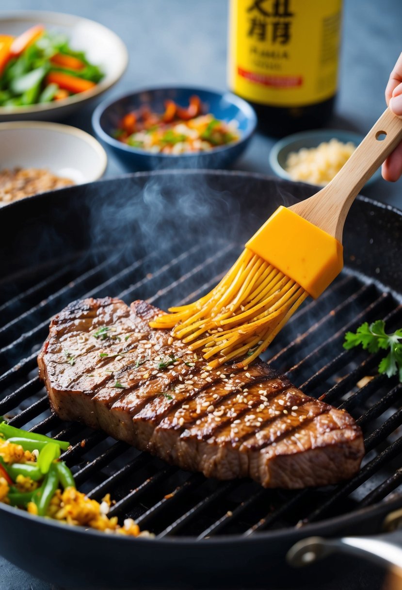 A sizzling skirt steak sizzling on a hot grill, brushed with a fragrant sesame garlic soy marinade, surrounded by Asian-inspired ingredients and spices