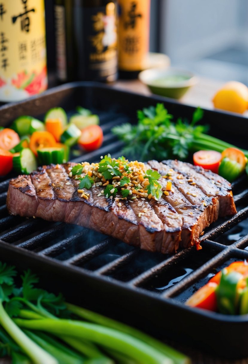 A sizzling skirt steak sizzling on a hot grill, marinated in sake and Asian spices, surrounded by vibrant vegetables and herbs