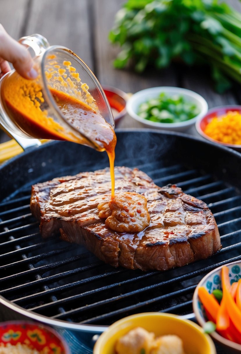 A sizzling skirt steak sizzling on a hot grill, glazed with a rich cinnamon and ginger sauce, surrounded by colorful Asian-inspired ingredients