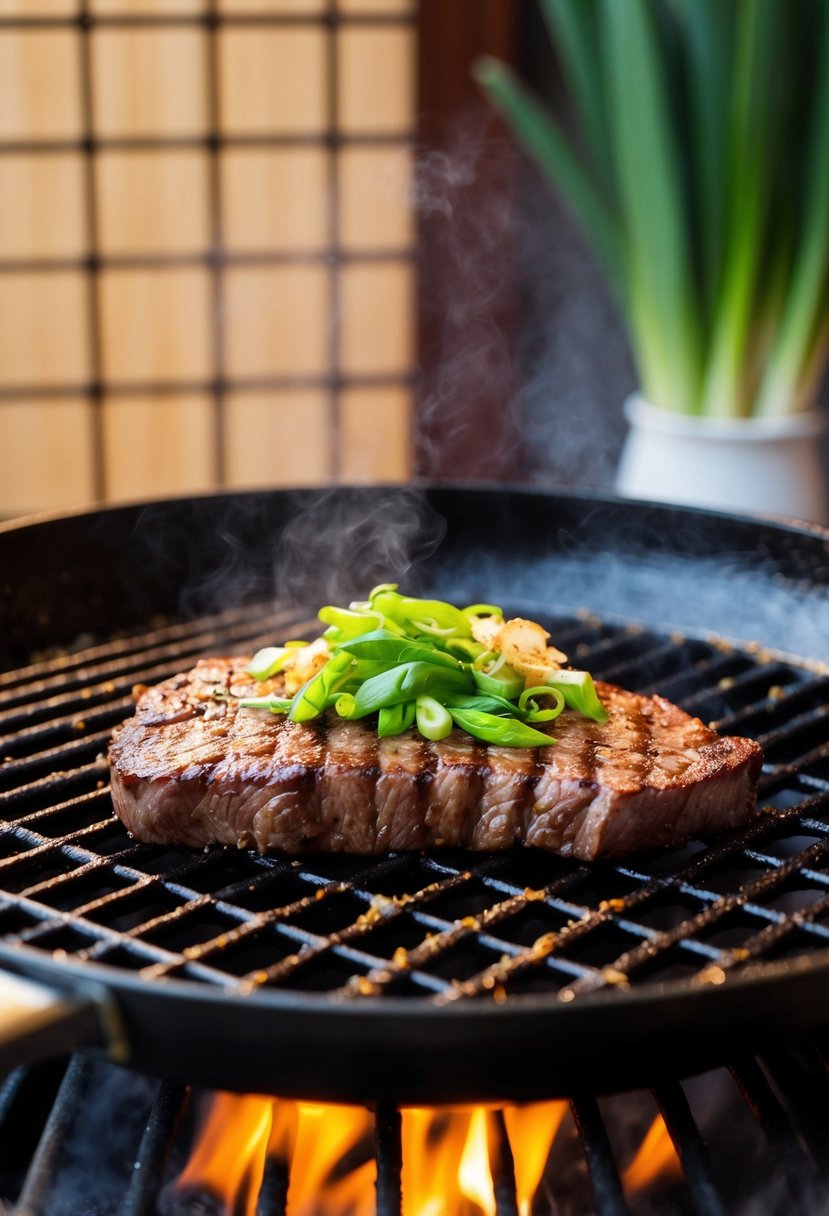 A sizzling skirt steak sizzling on a hot grill, marinating in a fragrant blend of soy, ginger, and scallions, with an Asian-inspired backdrop