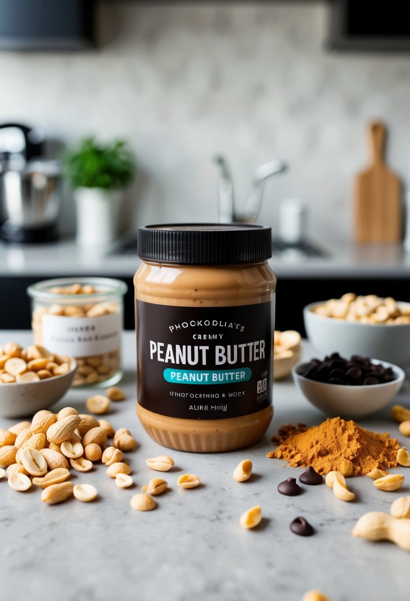 A jar of creamy peanut butter surrounded by an assortment of peanuts, chocolate chips, and other ingredients on a kitchen countertop