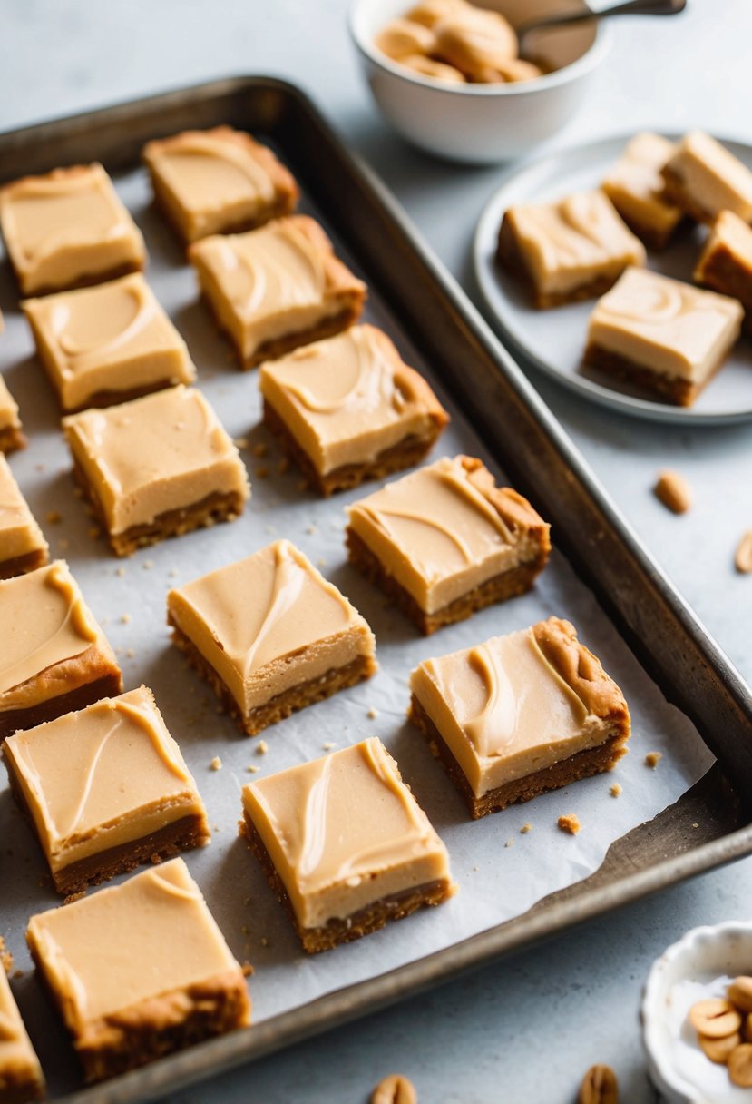 A tray of peanut butter bars topped with creamy icing