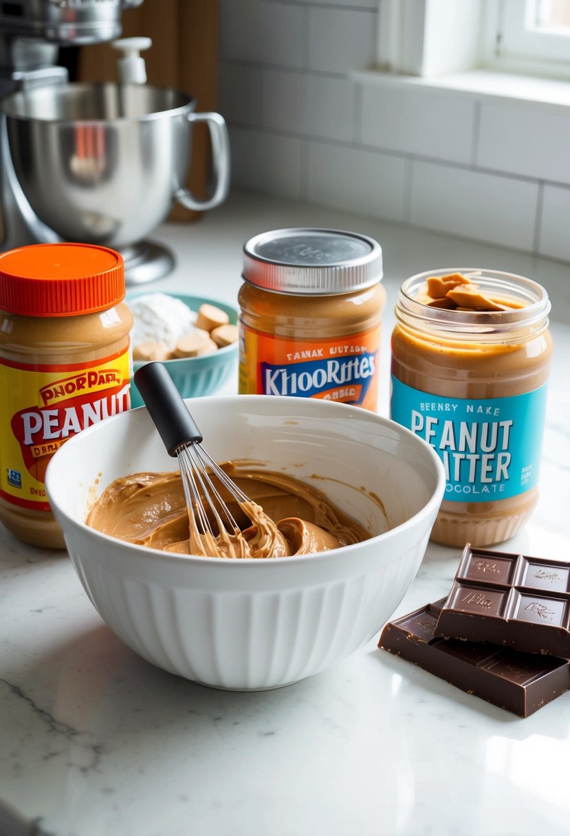 A kitchen counter with ingredients and a mixing bowl, surrounded by jars of peanut butter and chocolate, ready to make no-bake bars