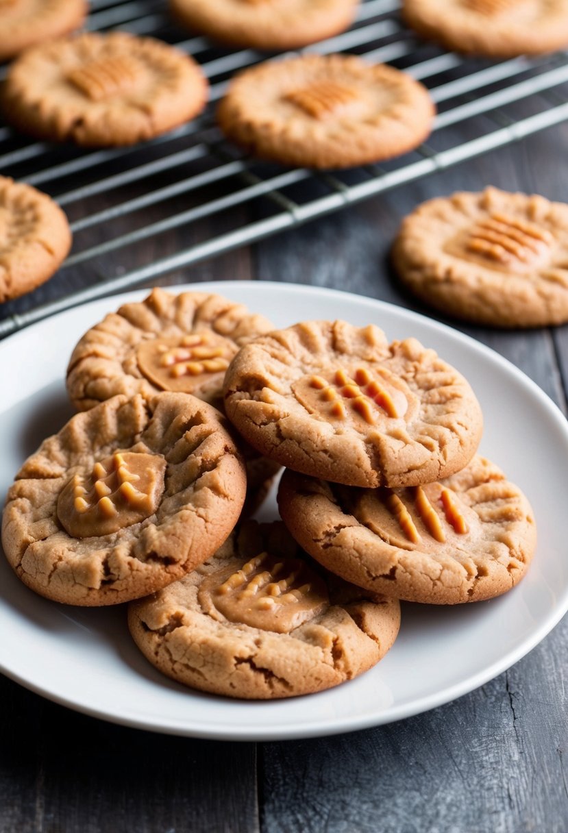 A plate of freshly baked chocolate peanut butter cookies cooling on a wire rack