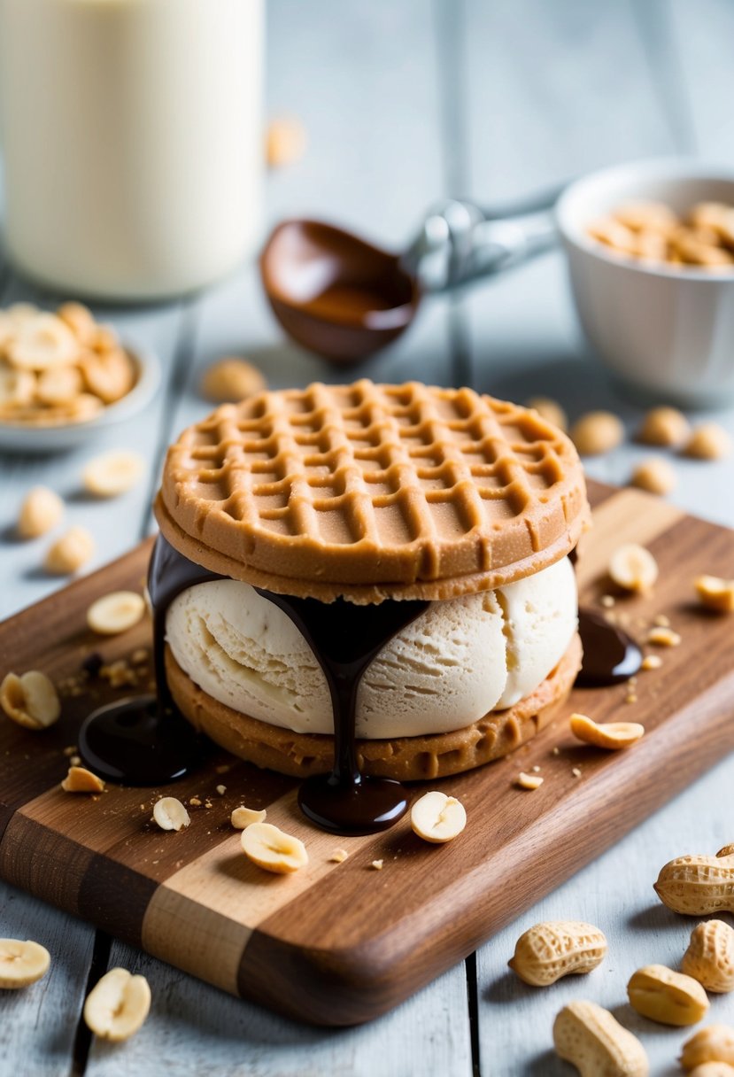 A peanut butter ice cream sandwich sits on a wooden cutting board, surrounded by scattered peanuts and a drizzle of chocolate sauce