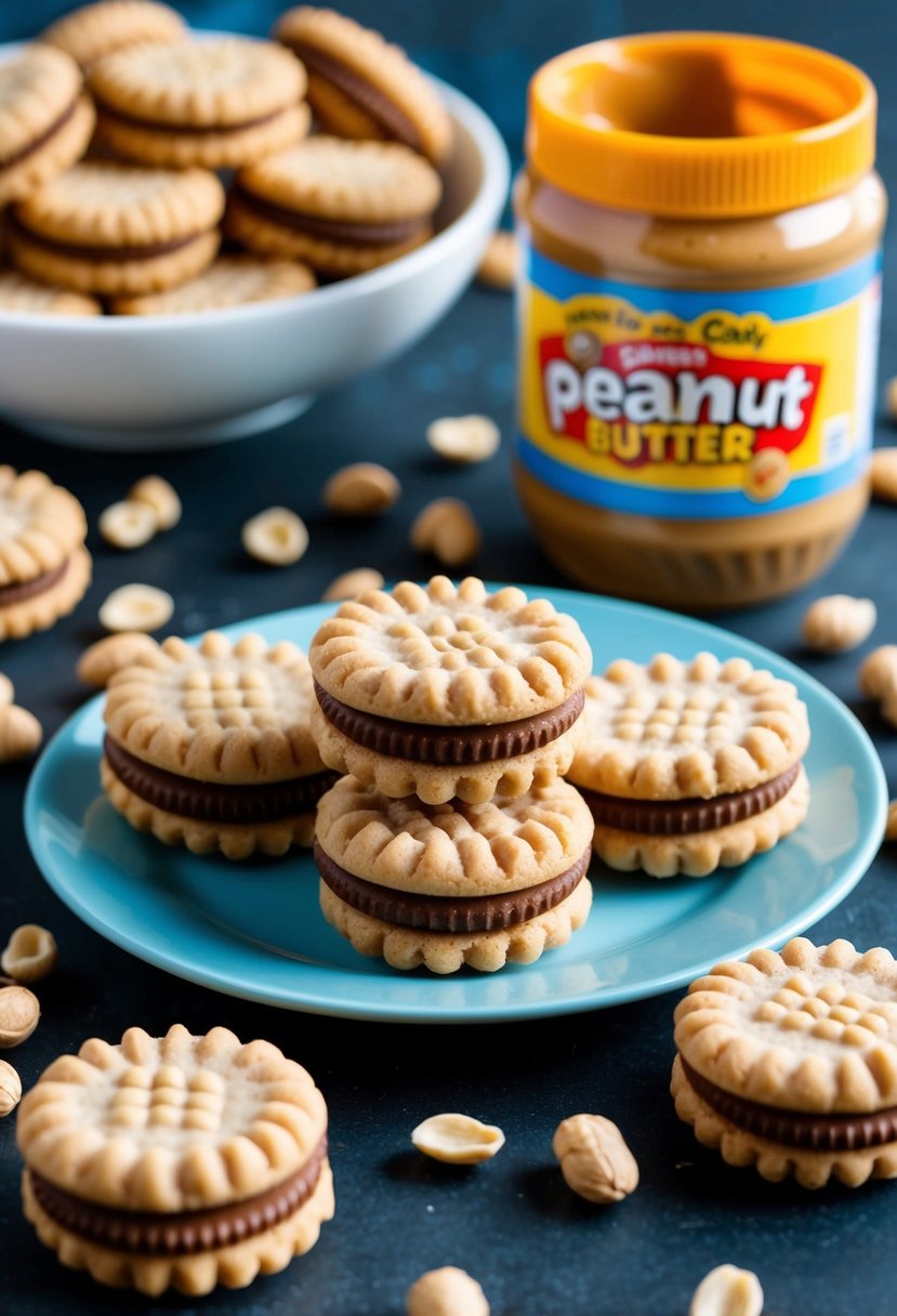 A plate of mini peanut butter sandwich cookies surrounded by scattered peanuts and a jar of peanut butter