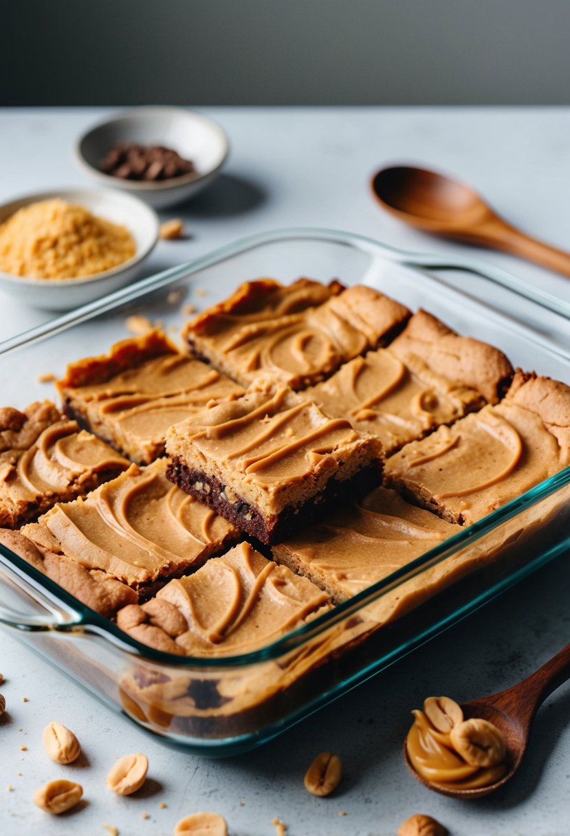 A glass baking dish filled with freshly baked peanut butter chocolate chunk bars, surrounded by scattered ingredients and a wooden mixing spoon