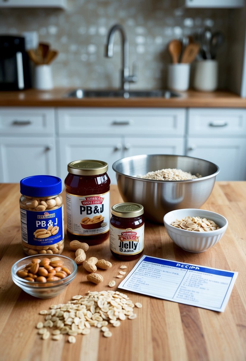 A kitchen counter with ingredients for PB&J Bars: peanuts, jelly, oats, and a mixing bowl. A recipe card lies nearby