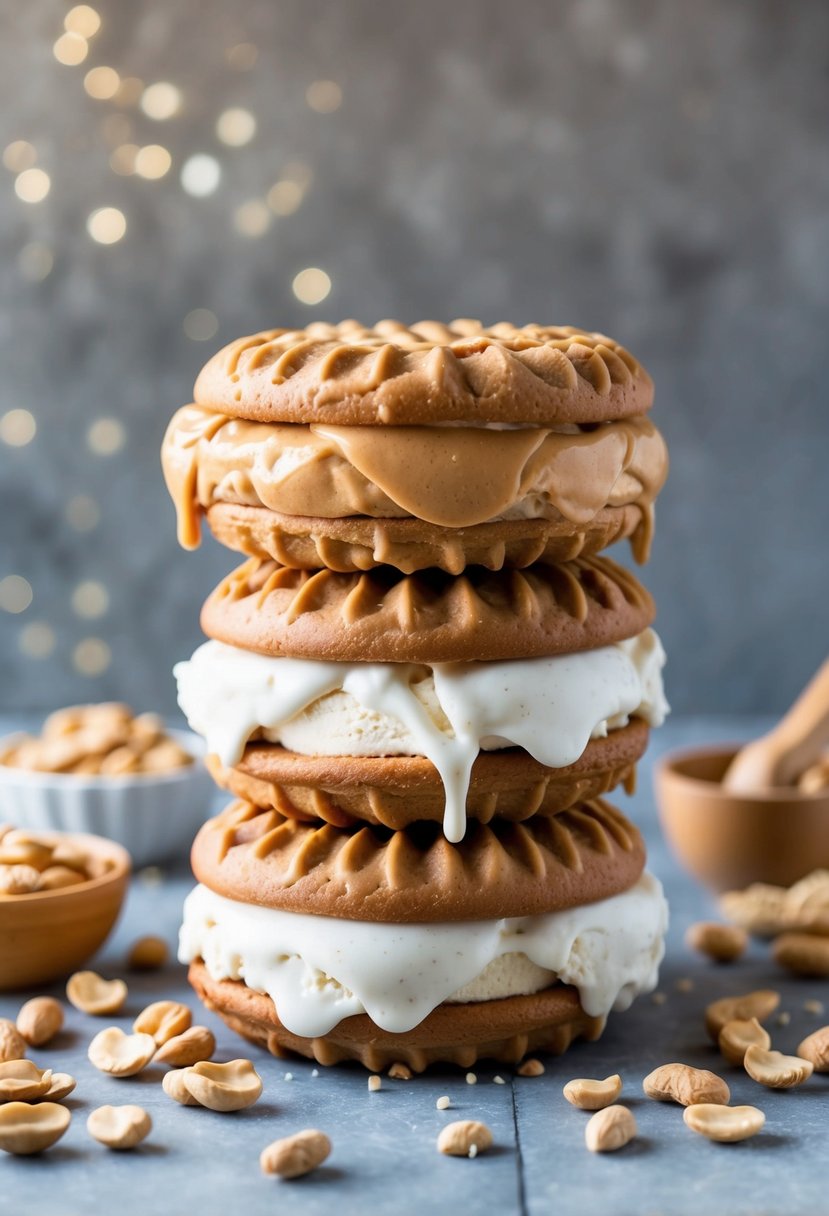 A massive peanut butter ice cream sandwich towers over a table, oozing with creamy filling and surrounded by scattered peanuts