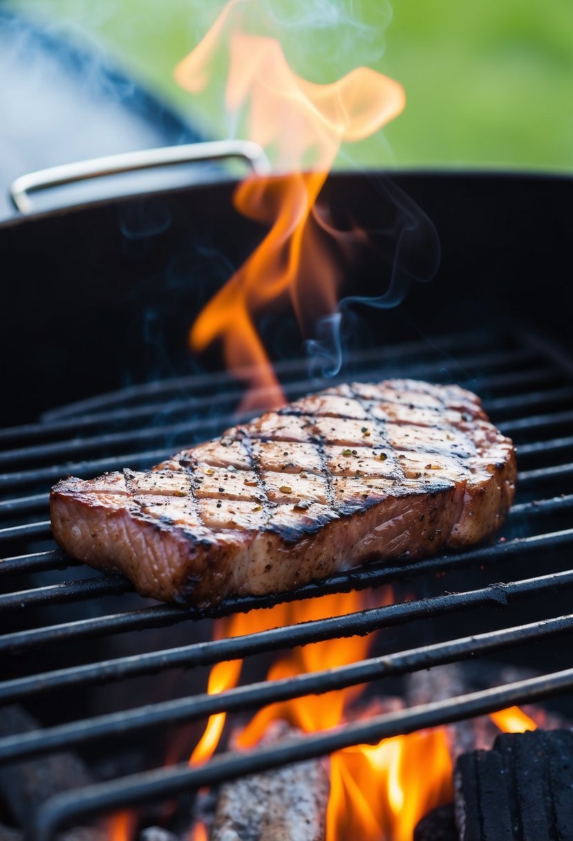 A sizzling flat iron steak grilling over hot coals, with sear marks and a smoky aroma rising from the barbecue