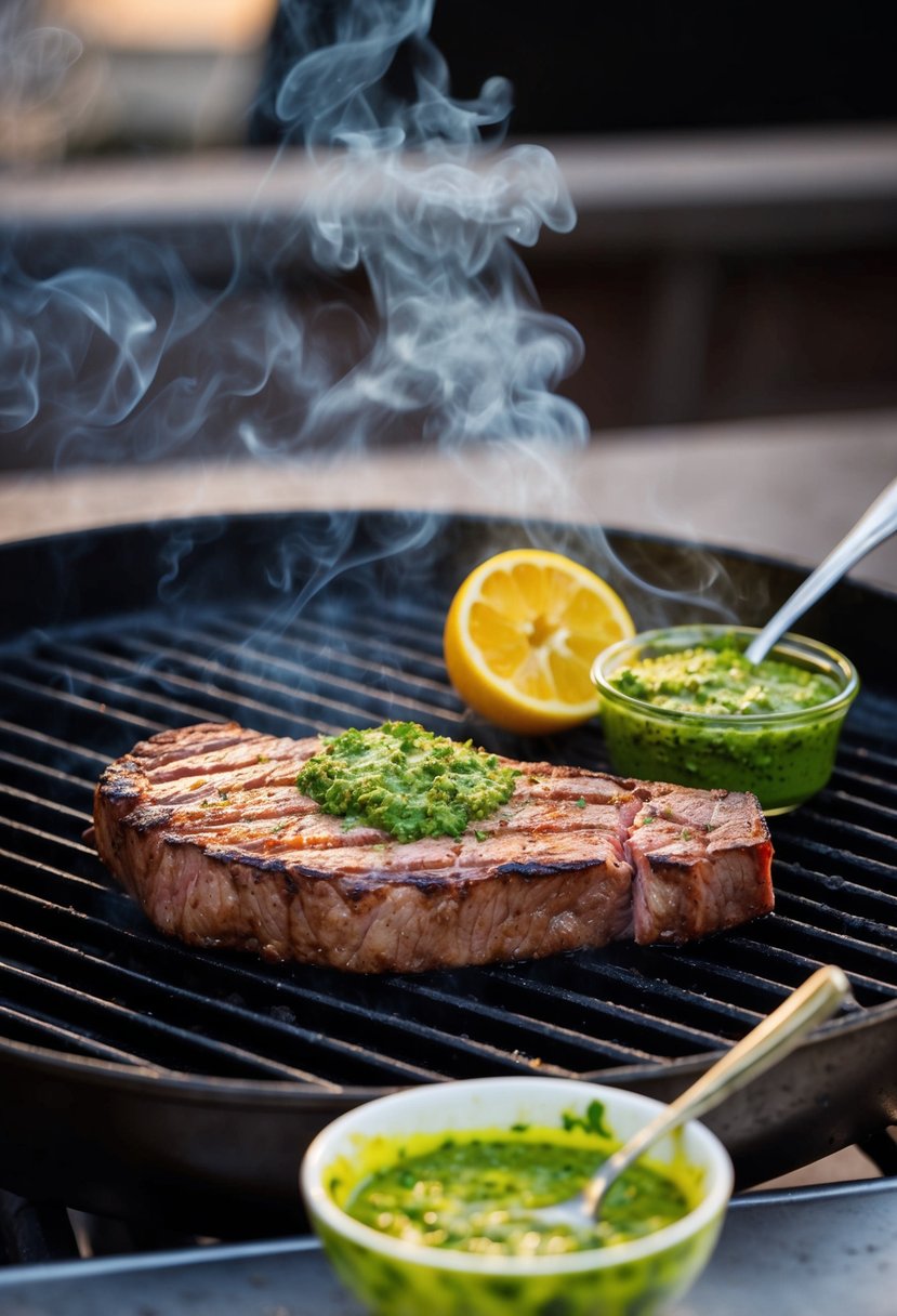 A sizzling flat iron steak rests on a grill, smoke rising as it cooks. A vibrant green chimichurri sauce sits nearby, ready to be drizzled over the juicy, charred meat