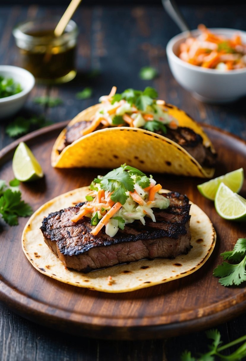 Grilled flat iron steak tacos topped with spicy slaw, arranged on a rustic wooden serving platter