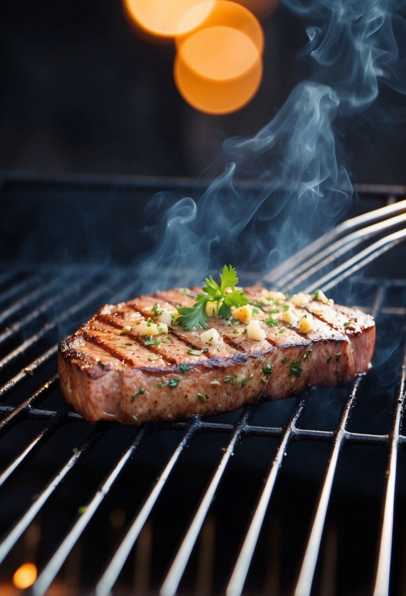 A sizzling flat iron steak grilling on a barbecue, marinated in garlic and herb, emanating a mouthwatering aroma