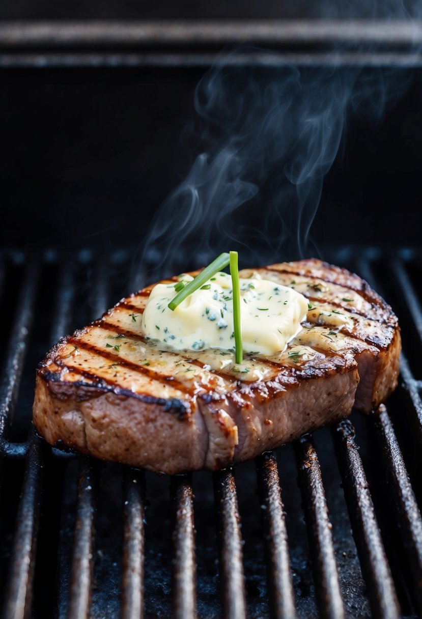 A sizzling flat iron steak sits on a grill, topped with melted blue cheese-chive butter, surrounded by grill marks