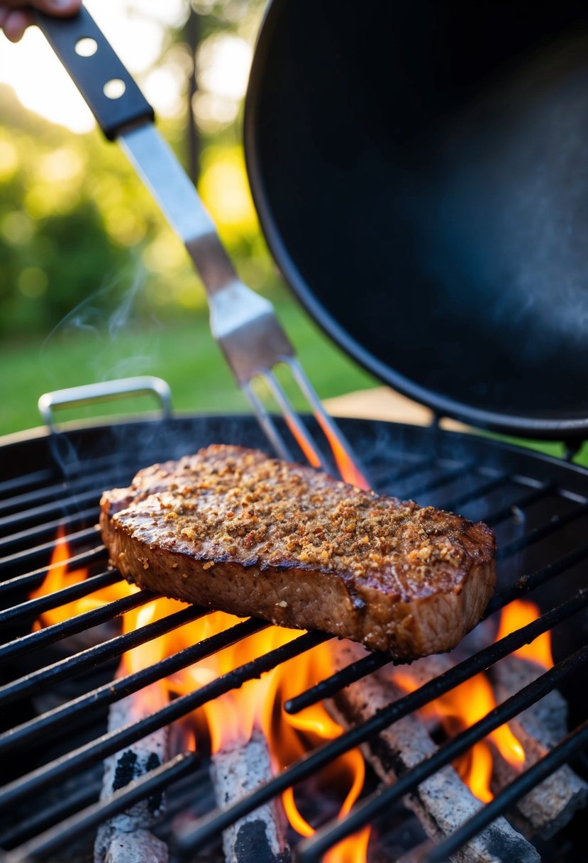 A sizzling flat iron steak, coated in a rich coffee rub, grilling over hot coals on a barbecue