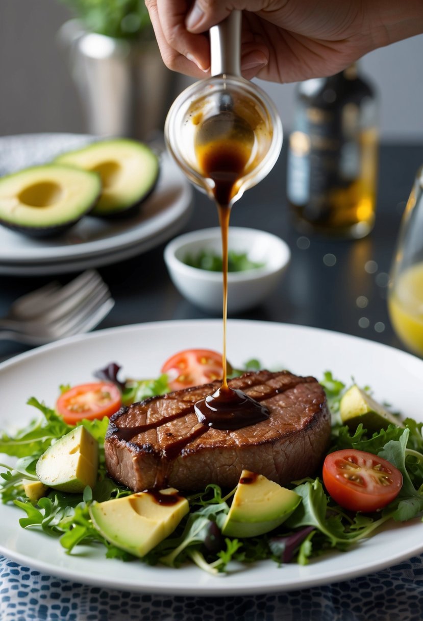 A sizzling flat iron steak rests on a bed of mixed greens, tomatoes, and avocado, drizzled with balsamic vinaigrette