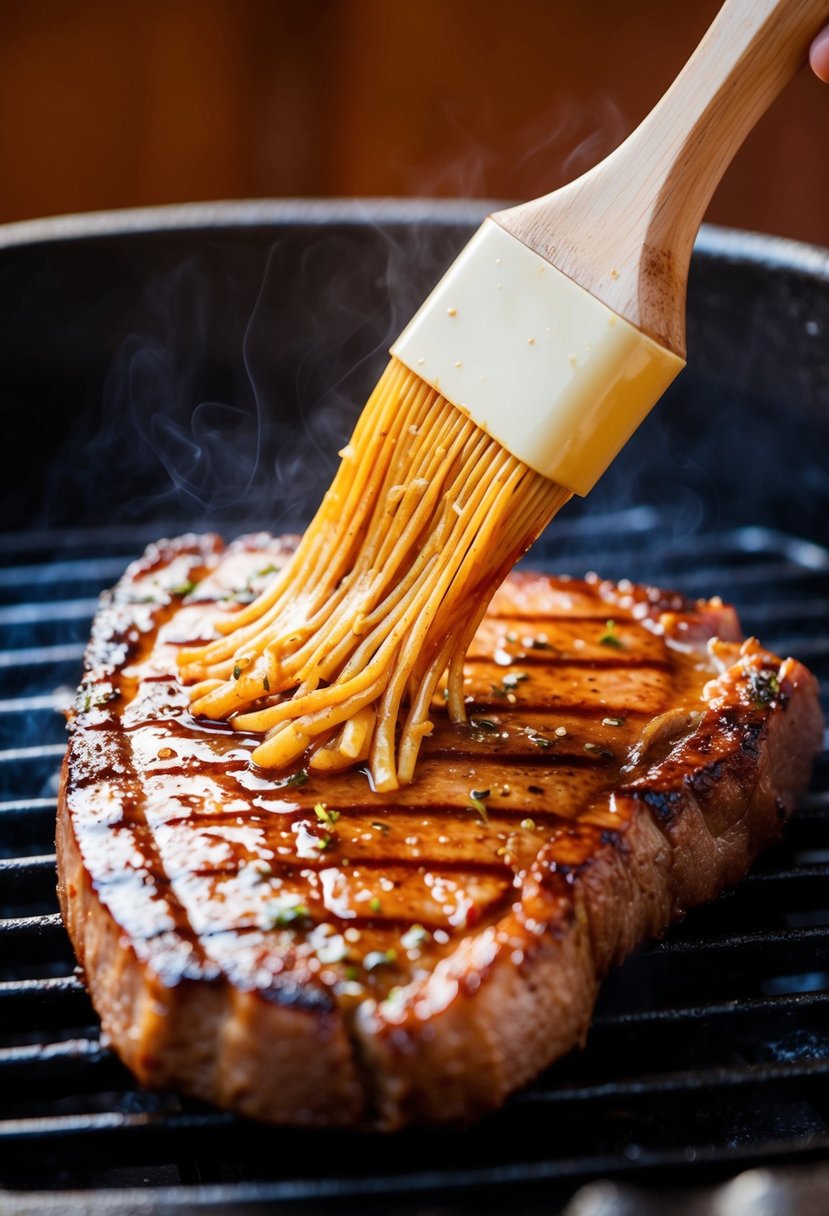 A flat iron steak sizzling on a hot grill, with a soy and ginger glaze being brushed on, creating a shiny, caramelized coating