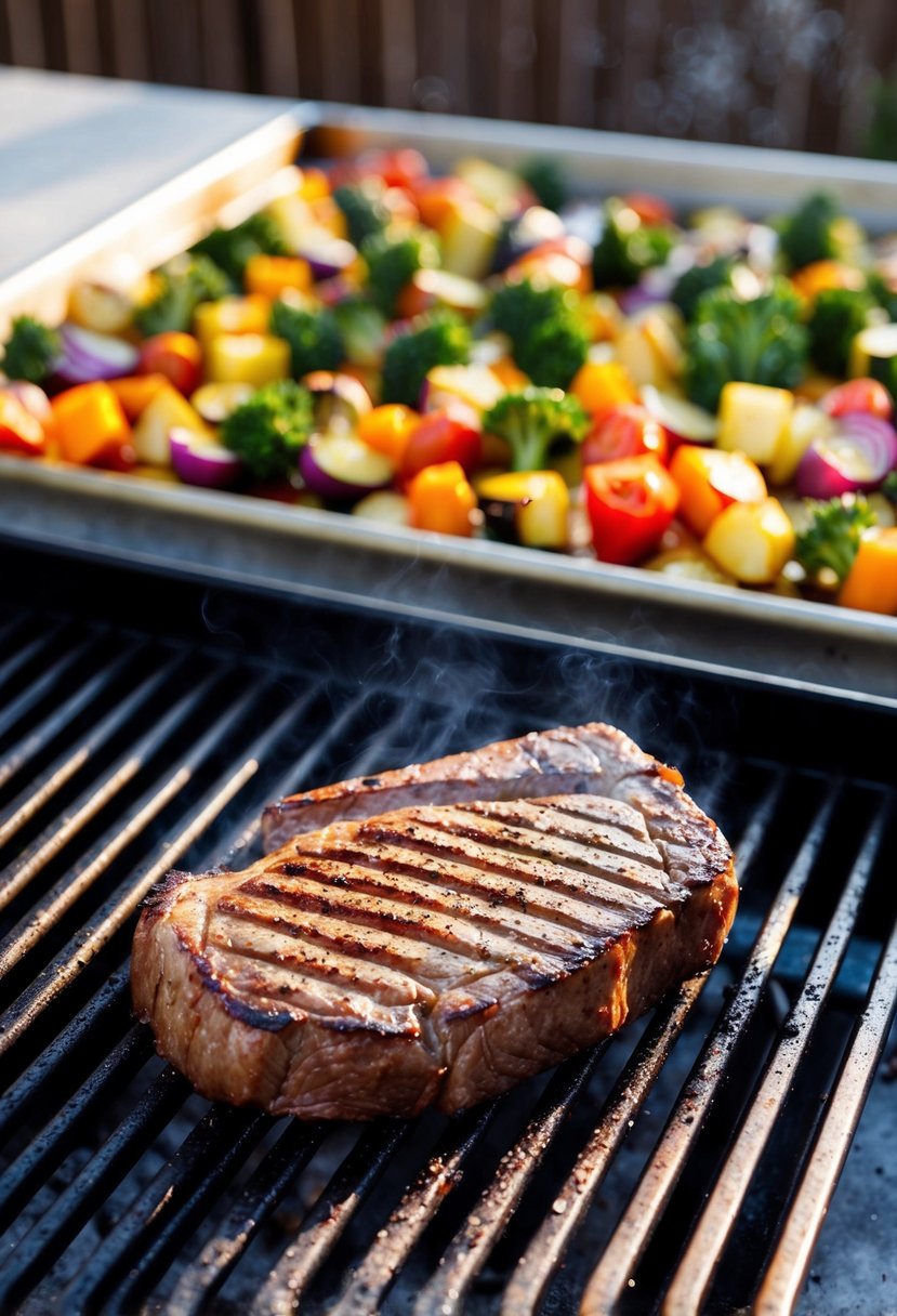 A sizzling flat iron steak on a grill next to a colorful assortment of roasted vegetables on a baking sheet